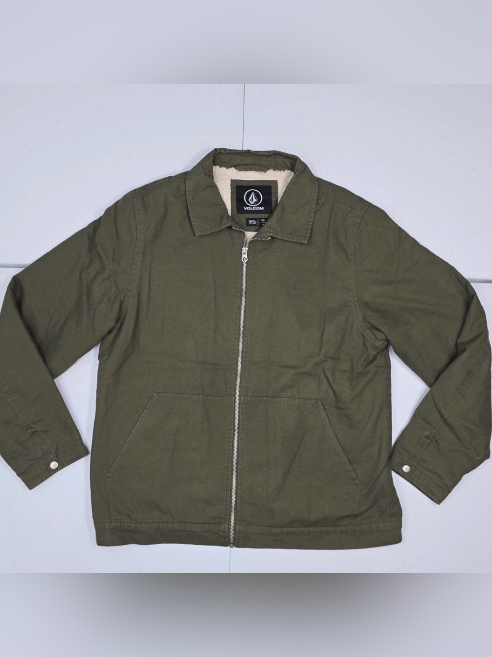 Volcom Olive Green Zip Front Sherpa-Lined Shirt Jacket